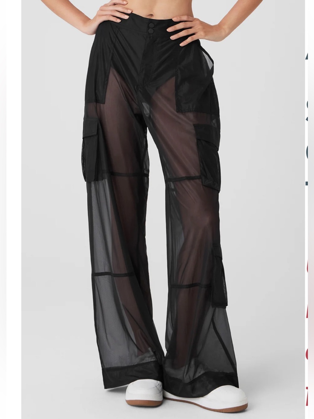 ALO Yoga Black Nylon Blend Sheer Effusion Cargo Wide Leg Trouser Pants Sz. M
